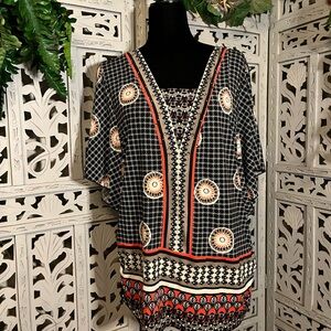 JM COLLECTION PERKY BLACK WITH ORANGE ACCENTS & TINY GEMS SHORT SLEEVE TOP